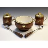 Pair of silver plated mounted oak coffee and tea caddies, a similar salad bowl and a pair of