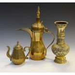 Chinese brass baluster shaped vase, Turkish style brass coffee pot, and an Indian engraved brass