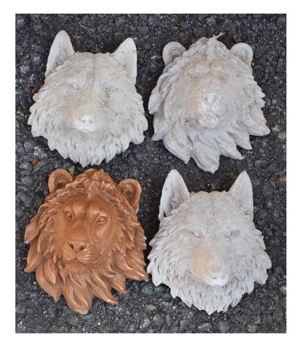 Garden Ornaments - Two wolf masks and two lion masks, each approximately 21cm Condition: