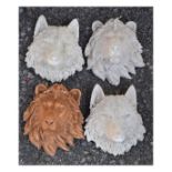 Garden Ornaments - Two wolf masks and two lion masks, each approximately 21cm Condition: