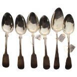 Four various 19th Century Exeter silver Fiddle pattern dessert spoons, a similar London spoon and an