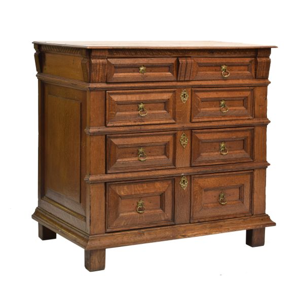 Late 17th Century oak geometric chest of drawers, the moulded two-plank top over incised frieze