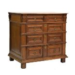 Late 17th Century oak geometric chest of drawers, the moulded two-plank top over incised frieze