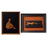 Two mid 20th Century carved wooden relief sculptures of naked female figures, one reclining upon a