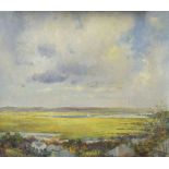 20th Century English School - Oil on board - A wetlands estuary view with cottages in the