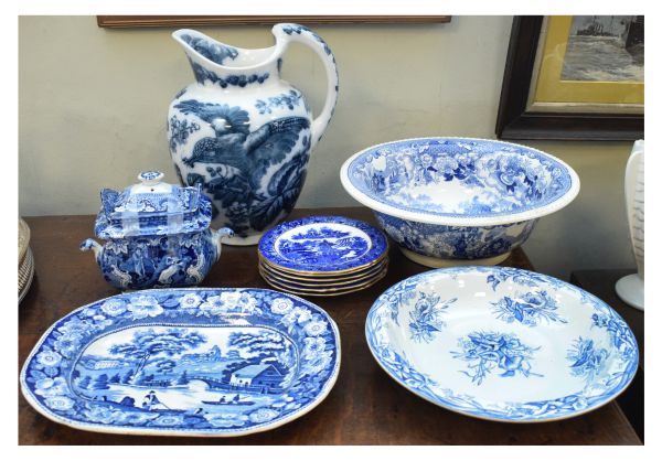 Collection of 19th Century and later blue transfer-printed pottery to include; Adams 'Paul and