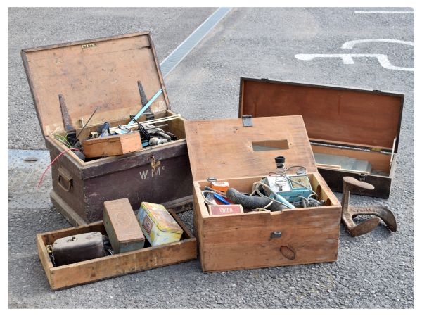 Assorted tools to include; wooden chests, shoe lasts, etc Condition: