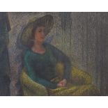 20th Century pastel portrait of a lady seated in tub armchair, indistinctly signed lower right, 40cm