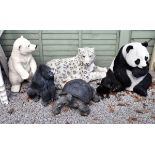 Six assorted plastic garden ornaments comprising: Panda, Snow Leopard, Polar Bear, Gorilla, Monkey