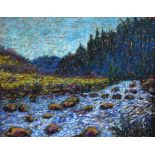 Paul Stephens - Oil and pastel on panel - River Dart and Bellever Forest, signed with initials, 24cm