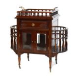 Reproduction hardwood double sided low cabinet having a tray top and demi lune gallery sides,