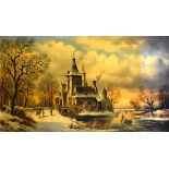 H. Baumgart - Oil on canvas - Winter scene with figures on the ice outside a church, signed lower