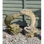 Garden ornaments - Pair of reconstituted figures of Fish on hexafoil bases, largest 43cm high