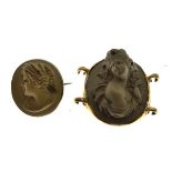Two 19th Century oval lava cameos, each decorated with a bust of a classical maiden, 31mm and 24mm