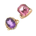 Dress ring stamped '14k' set amethyst-coloured stone, and another unmarked ring set single pink