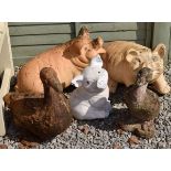 Five assorted garden ornaments comprising: terracotta Duck, 44cm high, reconstituted Duck, plaster