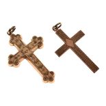 Unmarked engraved crucifix pendant and another stamped '9ct', 3.8g gross approx Condition: