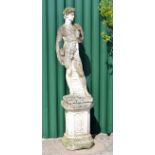 Large reconstituted garden ornament modelled after Michelangelo's David on pedestal base, 178cm high