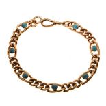 9ct gold curb and oval link bracelet set seven turquoise-coloured stones, 23.3g gross approx