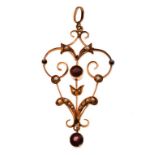 Edwardian pendant set seed pearls and red stones marked '9ct', 2.6g gross approx Condition: