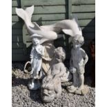 Large resin garden ornament modelled as two Dolphins on wave form base, 63cm high, together with