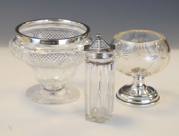 Edward VII cut glass pedestal bowl, the silver rim hallmarked for London 1904, a George VI cut glass