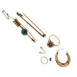 9ct gold dress ring set single red stone with white stone surround, an arrow design bar brooch, a