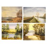 Four assorted watercolours depicting East Anglian views, each approximately 25cm x 36cm, framed