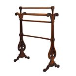 Victorian mahogany-stained double towel rail on pierced vase supports Condition: