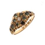 18ct gold ring having central seed pearl with emerald-coloured stone surround and shoulders, size N,