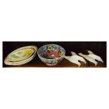 Maling bowl, two Beswick flying seagull wall ornaments and three Embassy Ware oval dishes Condition: