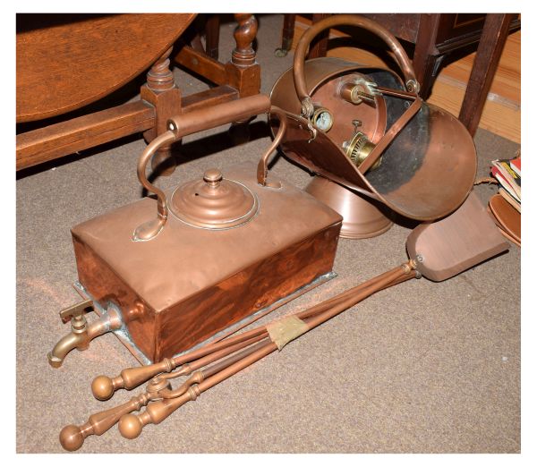 Victorian stove-top copper kettle of rectangular design with draining tap, together with a copper