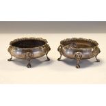 Pair of Edward VII silver oval cauldron salts, each having lion mask decoration, London 1901, 4toz