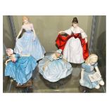 Five various Royal Doulton figures - Delight, Debutante, Alice, Sara and Faith Condition: