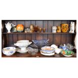 Quantity of decorative ceramics, glass, tableware (two shelves) Condition: