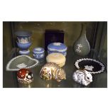 Three Royal Crown Derby figural paperweights and a small quantity of modern Wedgwood jasperware