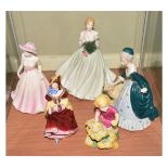 Royal Worcester figure - May, three Coalport figures - Jennifer, Abigail and Judith Ann and a