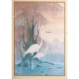 'Heronim', Harry Wysocki (20th Century) - Japanese-style print of wading cranes, 69cm x 54cm, framed