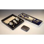 George V cigarette case, Birmingham 1914, cased modern silver three piece cruet set of salt, mustard