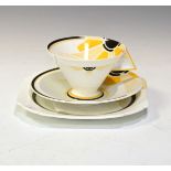 Shelley Art Deco trio of cup-saucer and plate, the former with solid 'fin' handle, pattern 11742