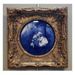 Transfer printed circular plaque in the style of Royal Doulton Blue Children Series, framed