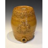Victorian glazed stoneware wine barrel with relief-moulded Royal Arms and stamp of Powell Bristol,