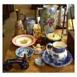 Various decorative ceramics including; Doulton, Slaters Patent ewer, Wedgwood jasperware biscuit jar