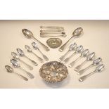 Assorted silver to include; set of six George III Fiddle pattern teaspoons, possibly London 1789,