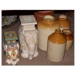 Two ceramic elephant ornaments, stoneware jars etc