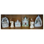 Two 19th Century Staffordshire pottery cottage ornaments, two Staffordshire figures and a pair of
