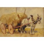 Watercolour - Haytiming, a carthorse with hay waggon, unsigned, 21.5cm x 34cm, with old Christies