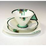 Shelley Art Deco trio of cup-saucer and plate, the former with solid 'fin' handle, pattern 11785