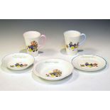 Group of Shelley nursery ware comprising: bowl, dish, two mugs and plate, with decoration after