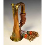 Brass and copper bugle with shield and banner of 'Western Australian University Regiment', with silk